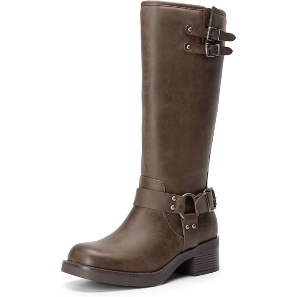 Women's Brown-nubuck Knee High Combat Boots Square Toe Buckle Chunky Booties